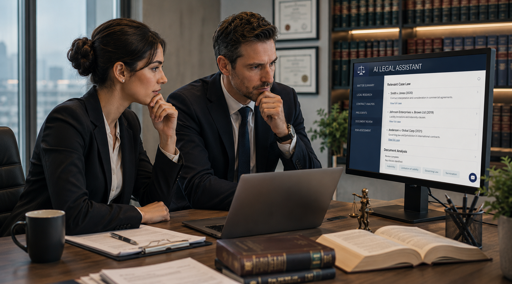 Lawyers reviewing an AI-assisted contract review tool